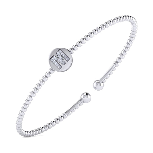 14K White Gold Round M Initial Diamond Bujukan Cuff Bracelet