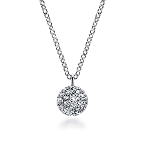 14K White Gold Round Pavé Diamond Disc Pendant Necklace