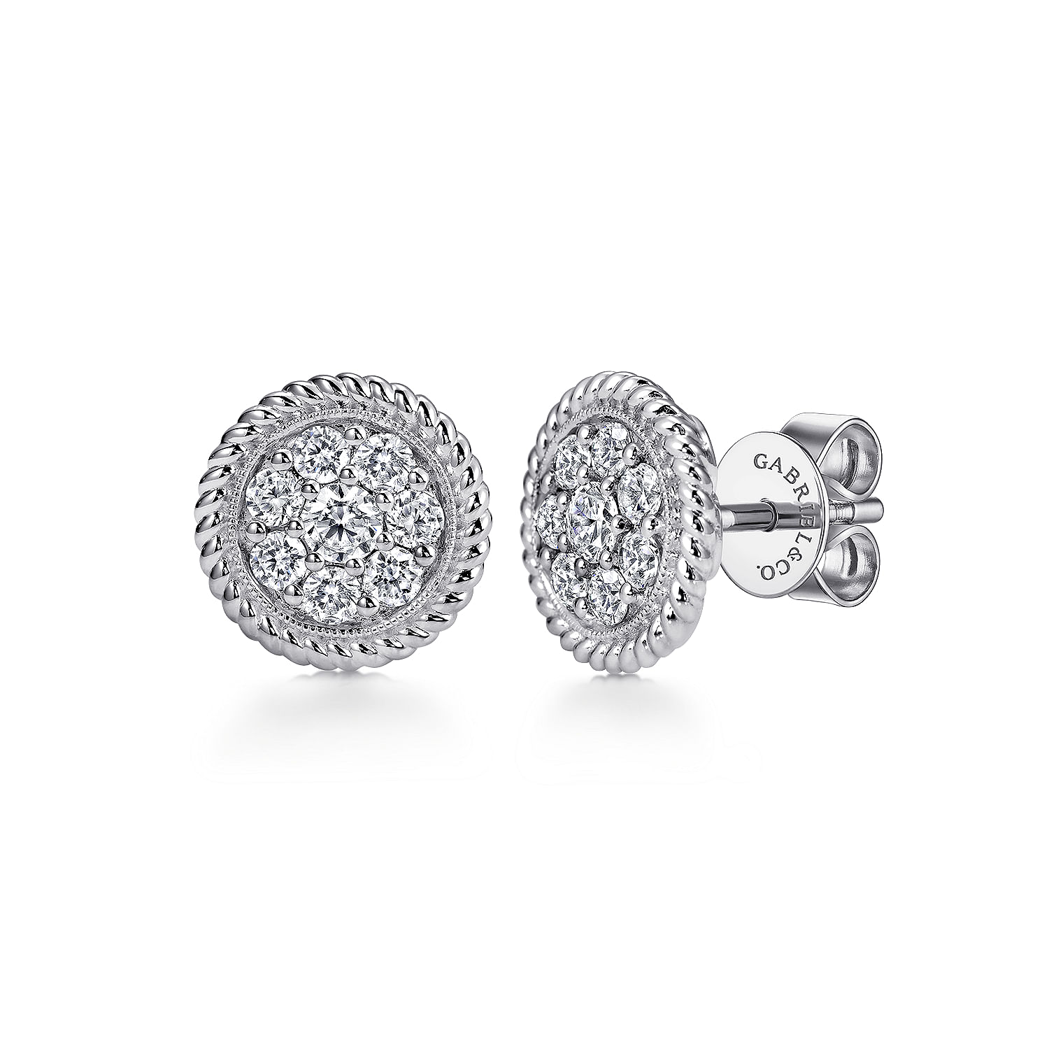 Gabriel - 14K White Gold Round Pavé Diamond Stud Earrings with Twisted Rope Frame