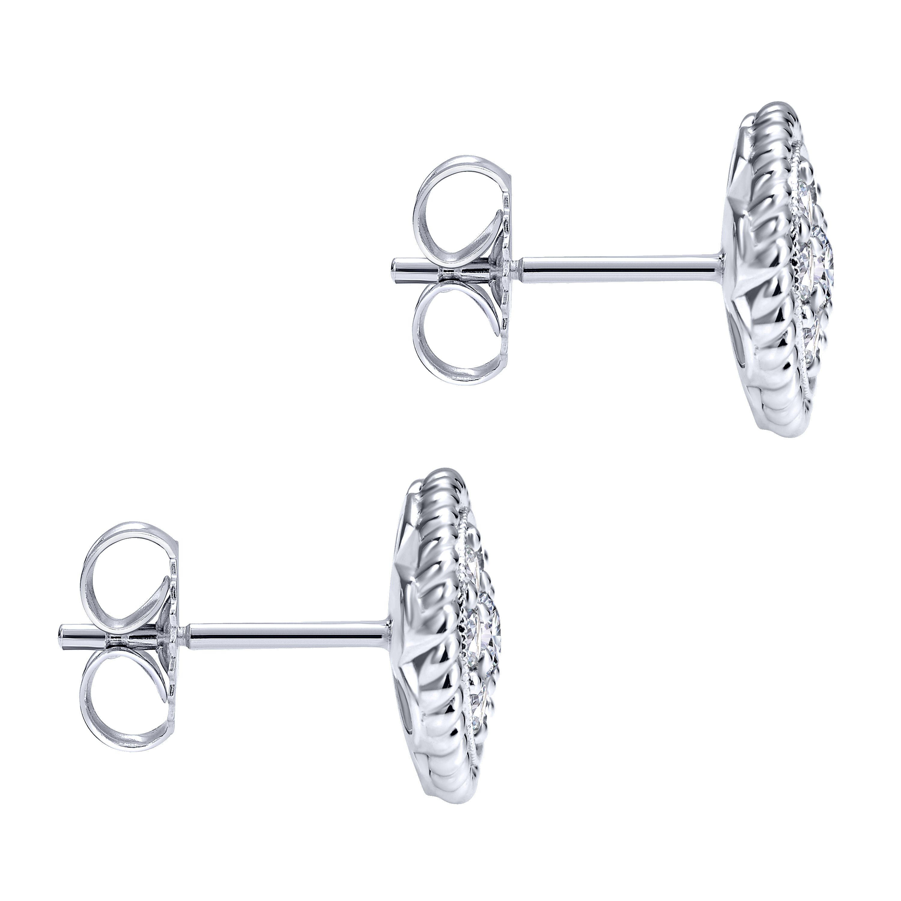 14K White Gold Round Pavé Diamond Stud Earrings with Twisted Rope Frame