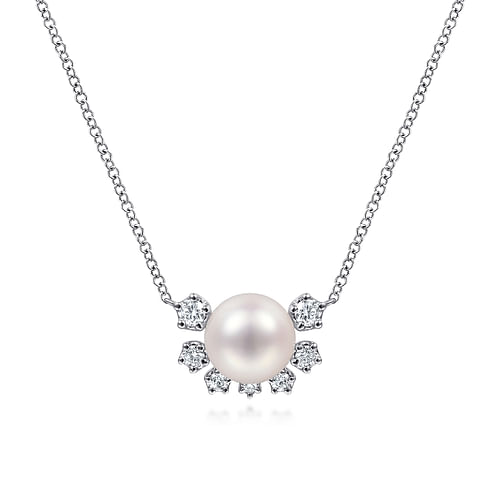 14K White Gold Round Pearl Pendant Necklace with Diamond Accents