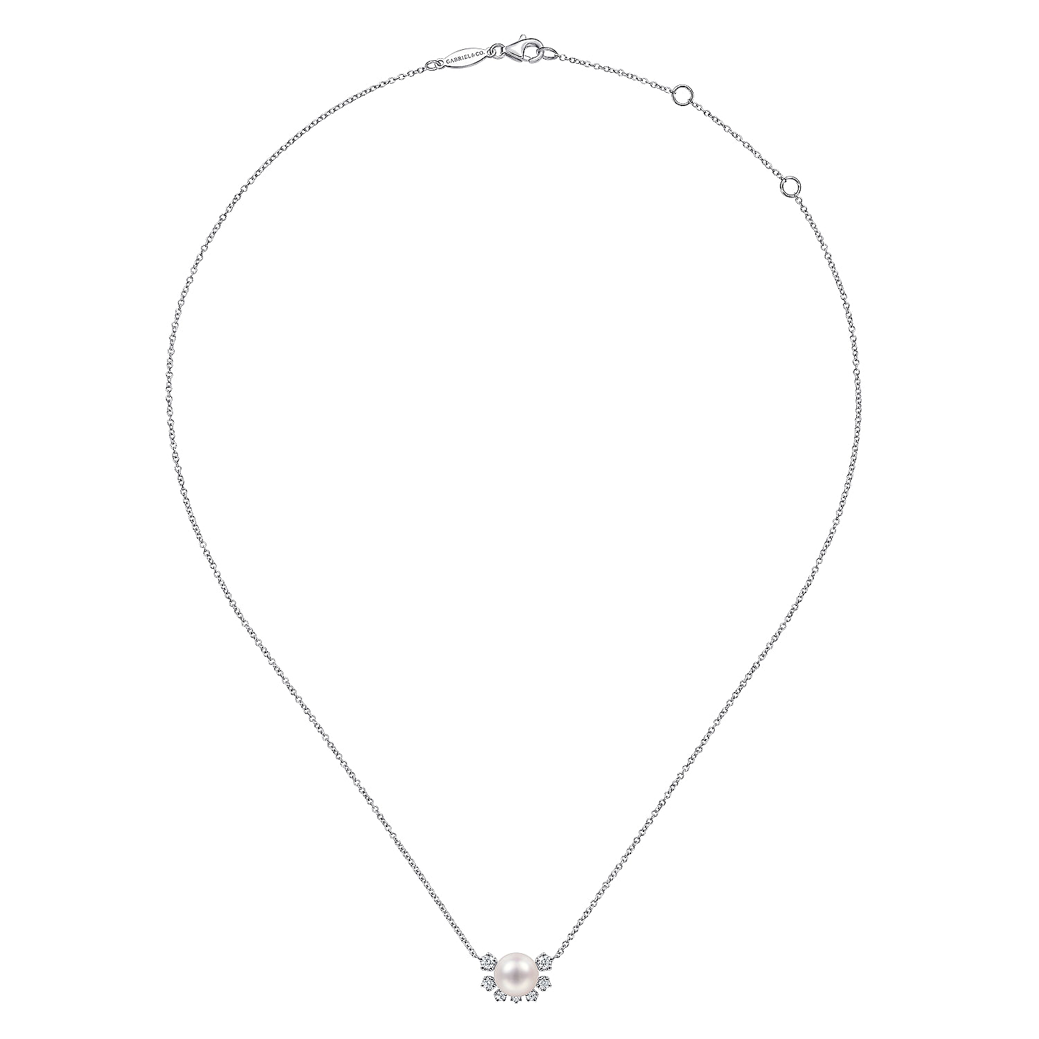 14K White Gold Round Pearl Pendant Necklace with Diamond Accents