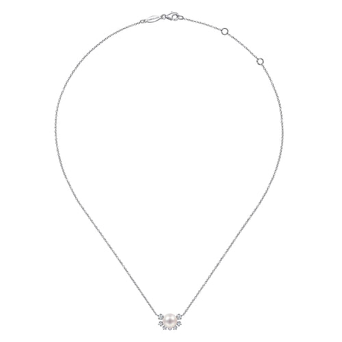 14K White Gold Round Pearl Pendant Necklace with Diamond Accents