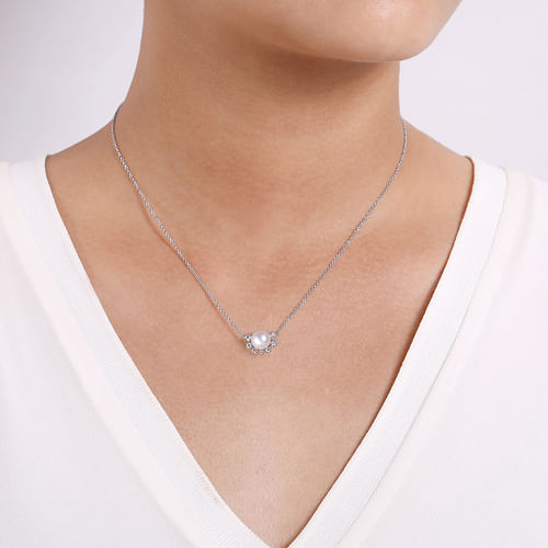 14K White Gold Round Pearl Pendant Necklace with Diamond Accents