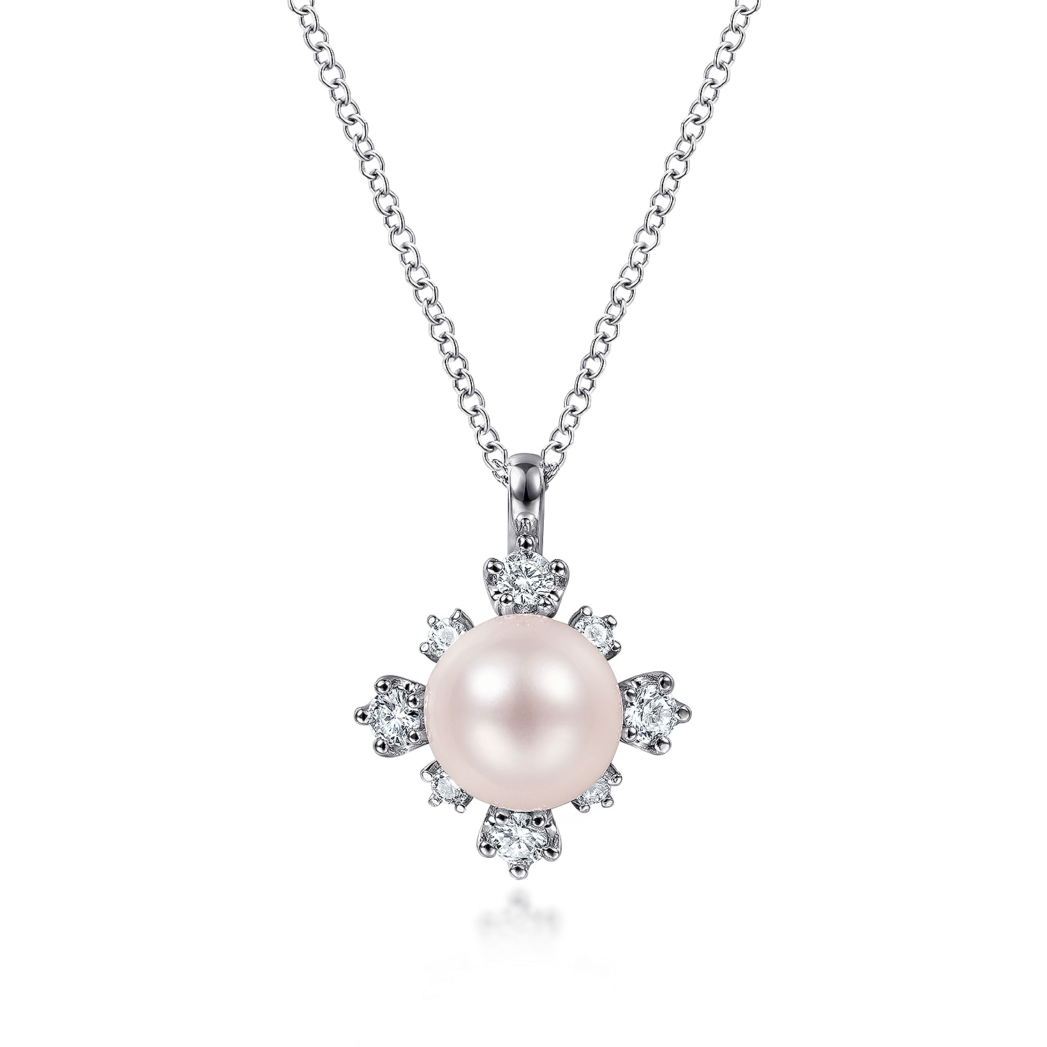14K White Gold Round Pearl Pendant Necklace with Diamond Accents