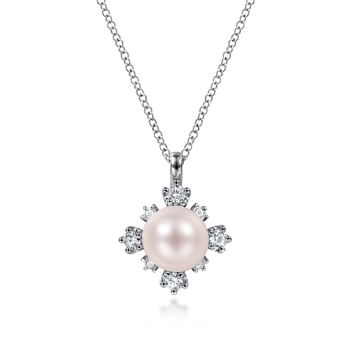 14K White Gold Round Pearl Pendant Necklace with Diamond Accents