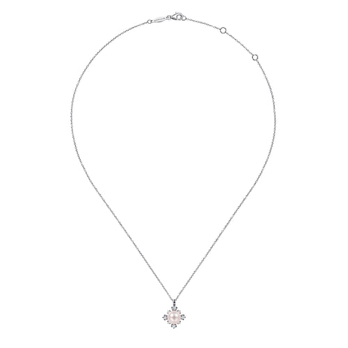 14K White Gold Round Pearl Pendant Necklace with Diamond Accents