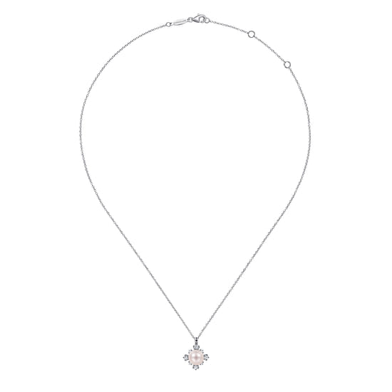 14K White Gold Round Pearl Pendant Necklace with Diamond Accents angle 2