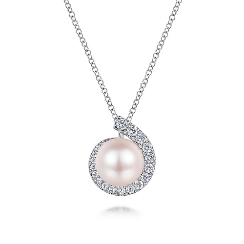 14K White Gold Round Pearl Pendant Necklace with Diamond Halo Swirl