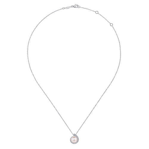 14K White Gold Round Pearl Pendant Necklace with Diamond Halo Swirl