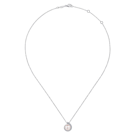 14K White Gold Round Pearl Pendant Necklace with Diamond Halo Swirl angle 2