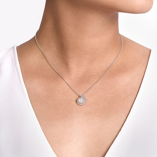 14K White Gold Round Pearl Pendant Necklace with Diamond Halo Swirl