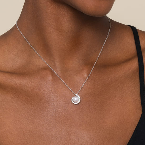 14K White Gold Round Pearl Pendant Necklace with Diamond Halo Swirl angle 4