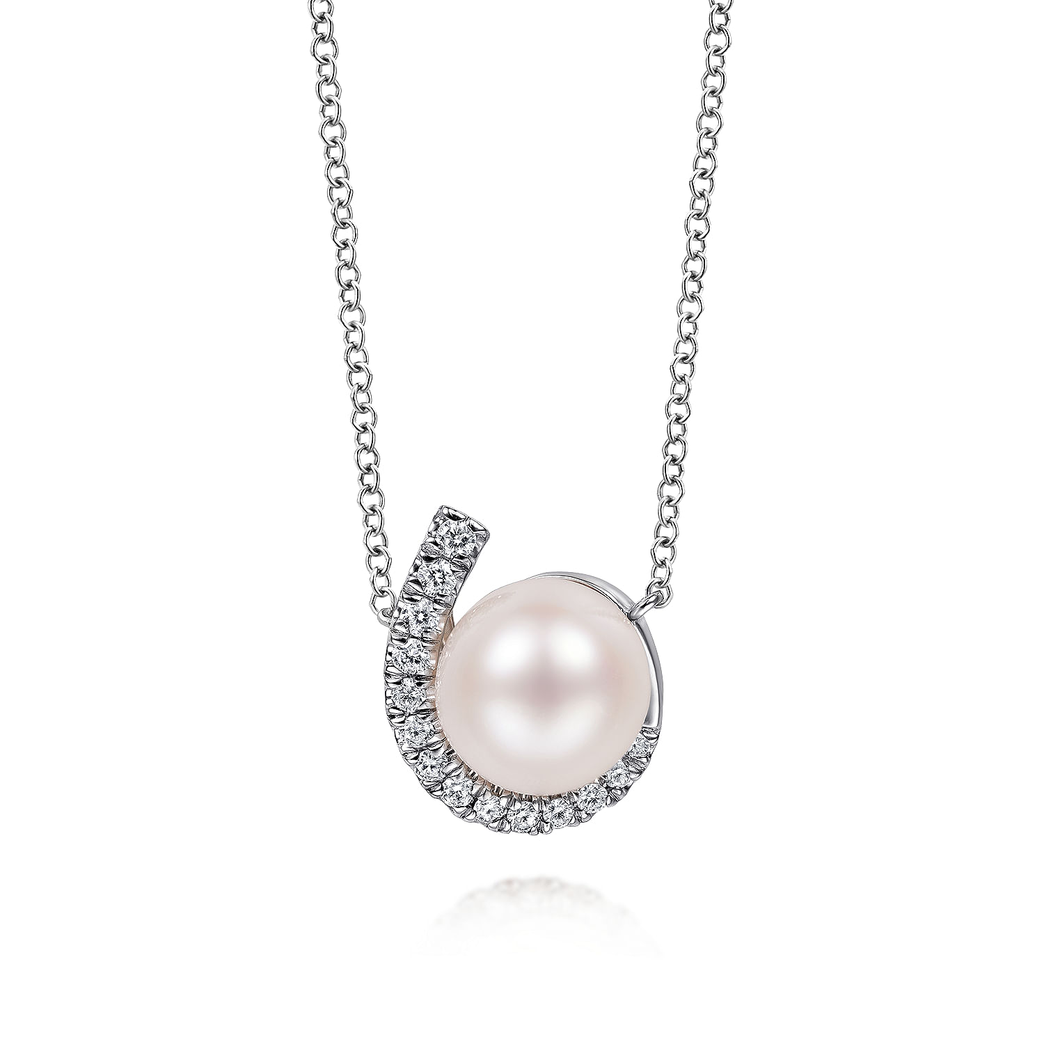 14K White Gold Round Pearl Pendant Necklace with Diamond Halo Swirl