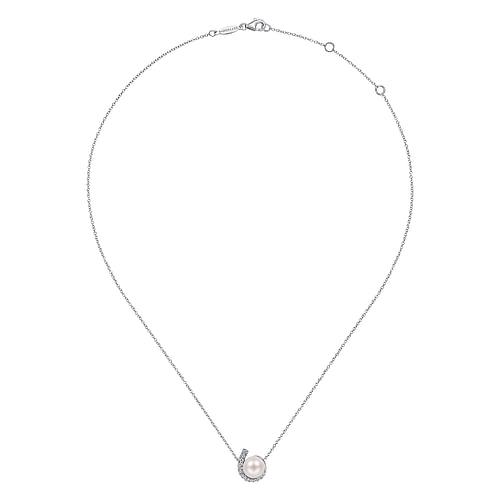 14K White Gold Round Pearl Pendant Necklace with Diamond Halo Swirl