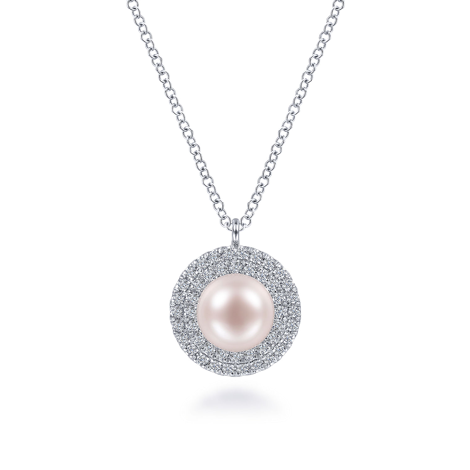 14K White Gold Round Pearl and Diamond Halo Pendant Necklace
