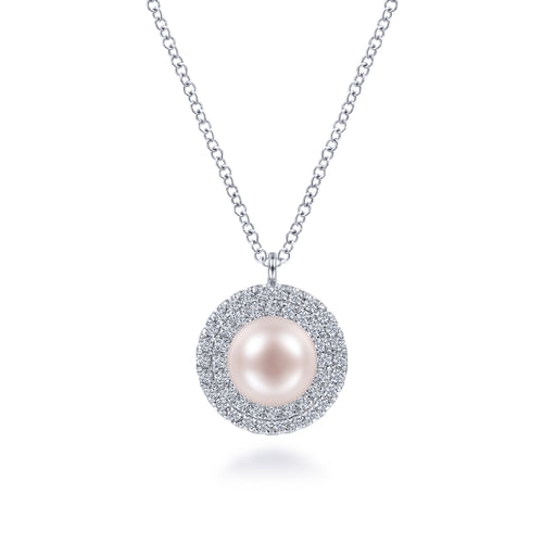 14K White Gold Round Pearl and Diamond Halo Pendant Necklace
