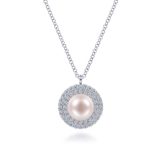 Gabriel - 14K White Gold Round Pearl and Diamond Halo Pendant Necklace