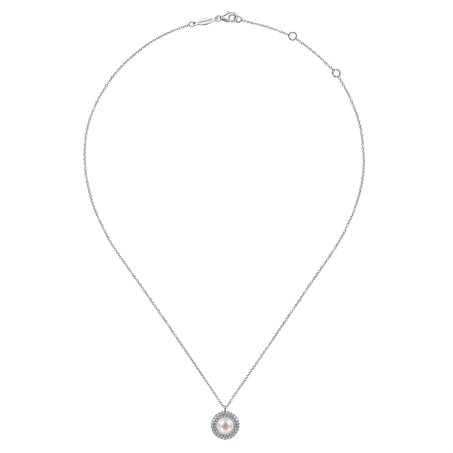 14K White Gold Round Pearl and Diamond Halo Pendant Necklace