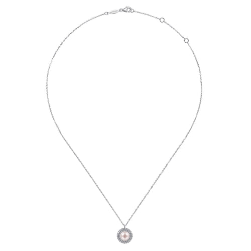 14K White Gold Round Pearl and Diamond Halo Pendant Necklace