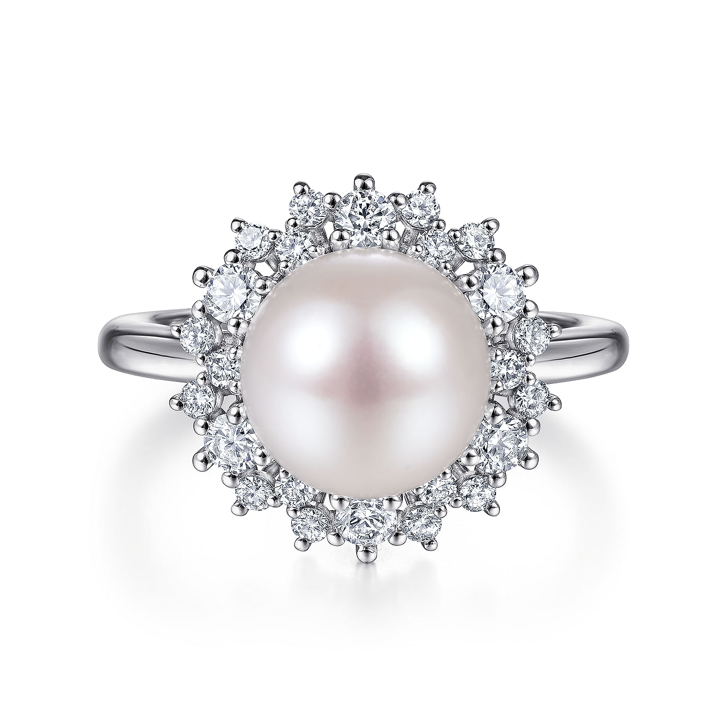 Gabriel - 14K White Gold Round Pearl and Diamond Halo Ring