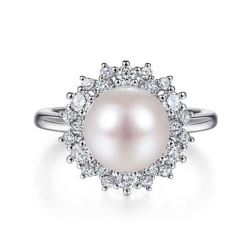 14K White Gold Round Pearl and Diamond Halo Ring