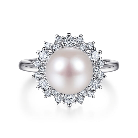 Gabriel - 14K White Gold Round Pearl and Diamond Halo Ring