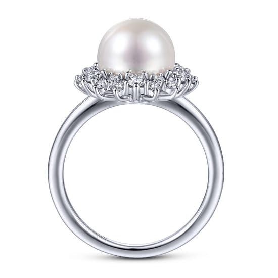 14K White Gold Round Pearl and Diamond Halo Ring angle 2