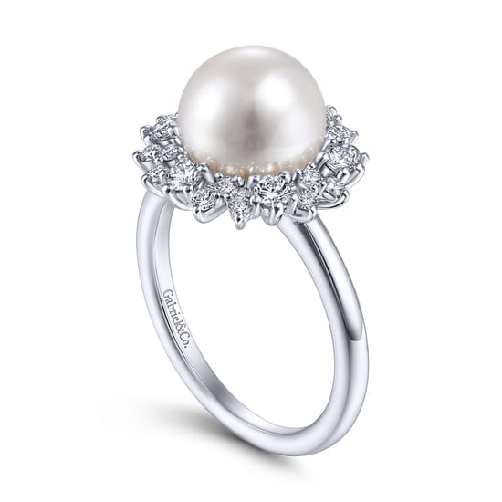 14K White Gold Round Pearl and Diamond Halo Ring angle 3
