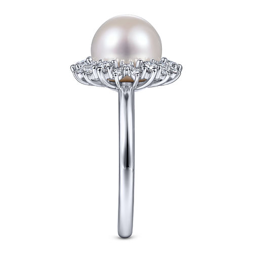 14K White Gold Round Pearl and Diamond Halo Ring