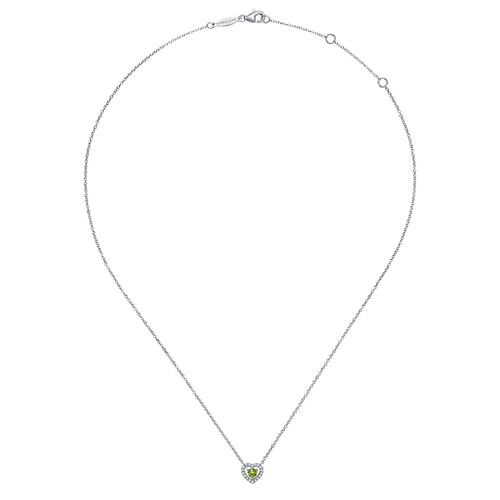 14K White Gold Round Peridot and Diamond Heart Pendant Necklace