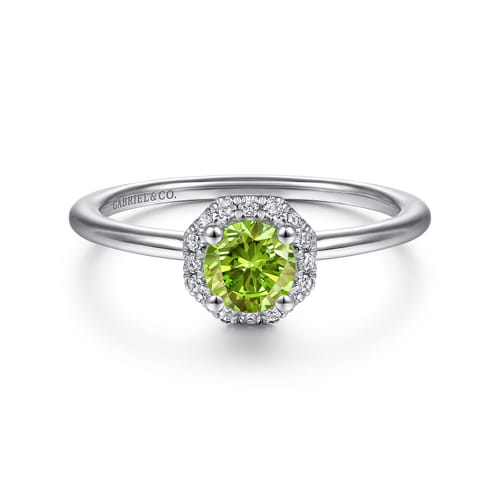 14K White Gold Round Peridot and Hexagon Diamond Halo Promise Ring