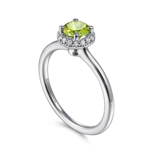 14K White Gold Round Peridot and Hexagon Diamond Halo Promise Ring