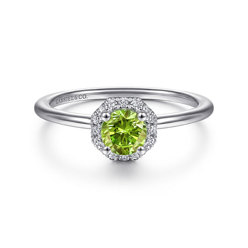 14K White Gold Round Peridot and Hexagon Diamond Halo Ring