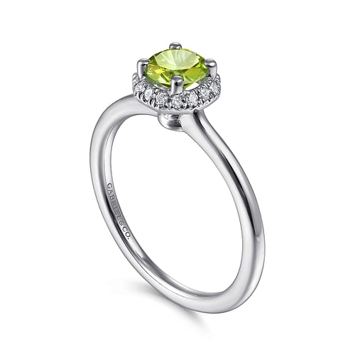 14K White Gold Round Peridot and Hexagon Diamond Halo Ring