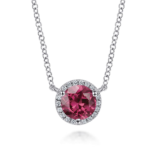 14K White Gold Round Pink Tourmaline and Diamond Halo Pendant Necklace