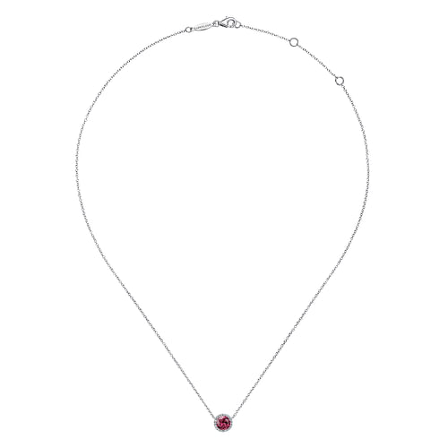 14K White Gold Round Pink Tourmaline and Diamond Halo Pendant Necklace