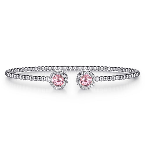 14K White Gold Round Pink Zircon and Diamond Halo Bujukan Bangle