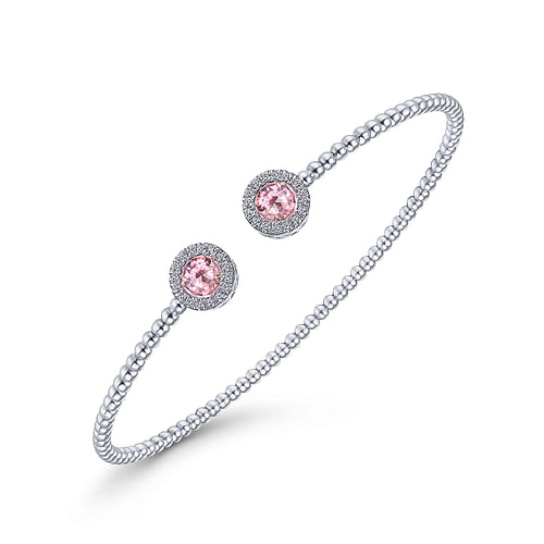 14K White Gold Round Pink Zircon and Diamond Halo Bujukan Bangle