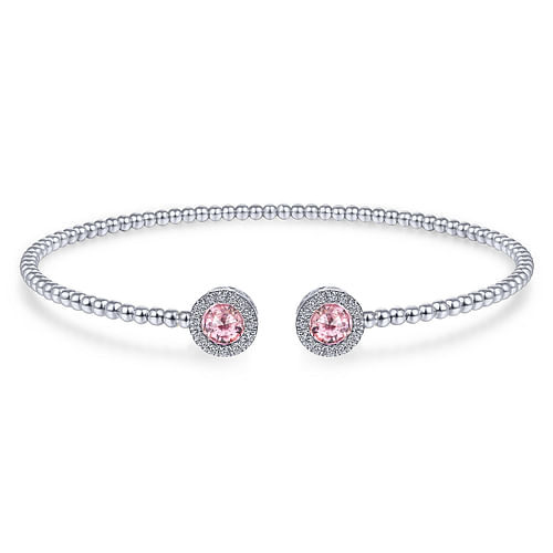 14K White Gold Round Pink Zircon and Diamond Halo Bujukan Bangle