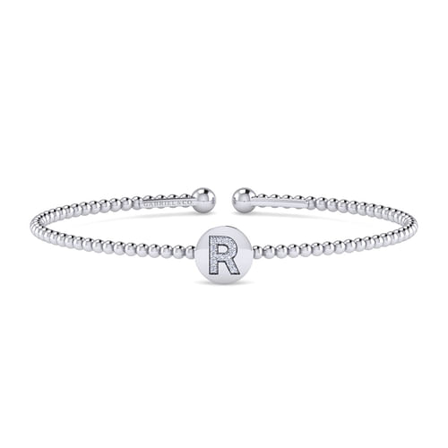 14K White Gold Round R Initial Diamond Bujukan Cuff Bracelet