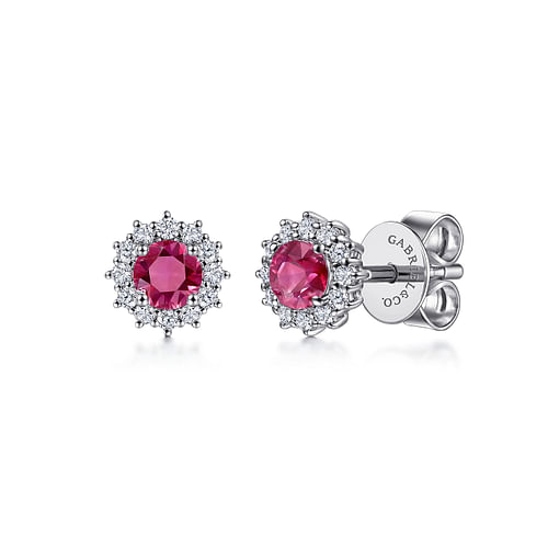 14K White Gold Round Ruby and Diamond Halo Stud Earrings