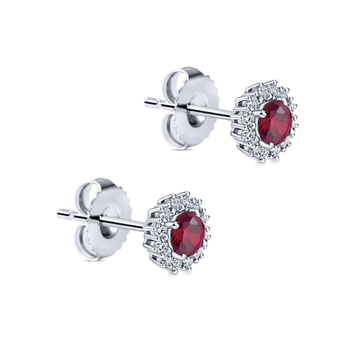 14K White Gold Round Ruby and Diamond Halo Stud Earrings