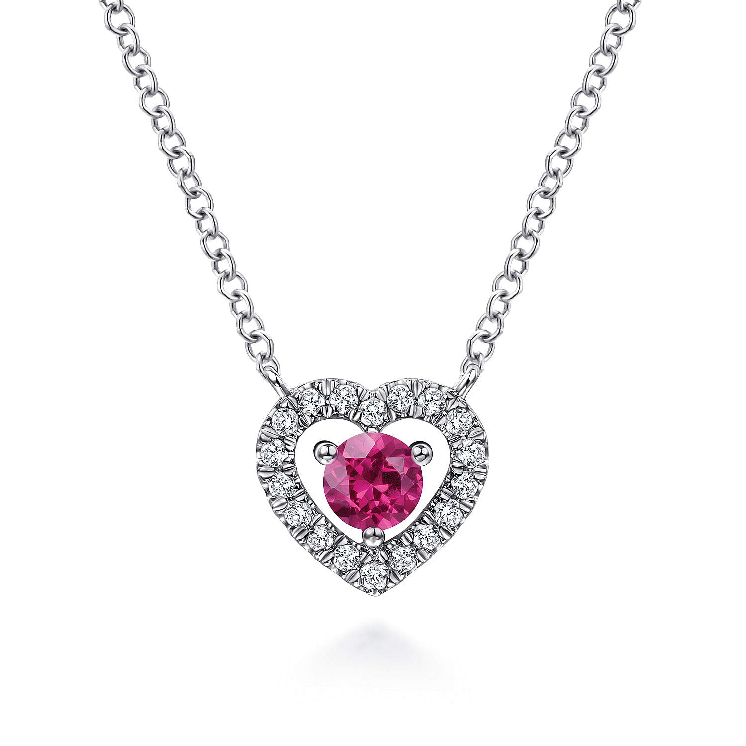 14K White Gold Round Ruby and Diamond Heart Pendant Necklace