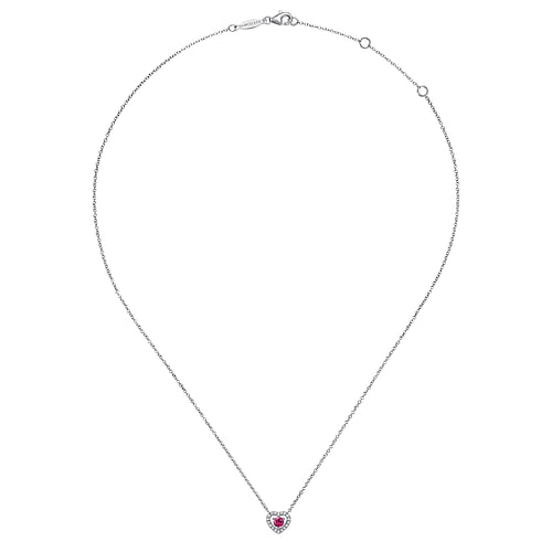 14K White Gold Round Ruby and Diamond Heart Pendant Necklace