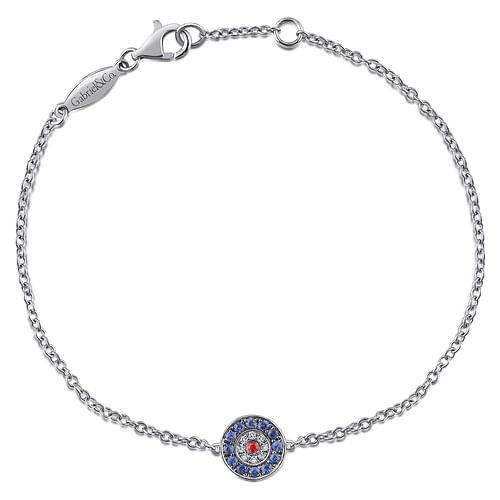 14K White Gold Round Sapphire, Diamond and Ruby Evil Eye Bracelet