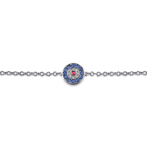 14K White Gold Round Sapphire, Diamond and Ruby Evil Eye Bracelet