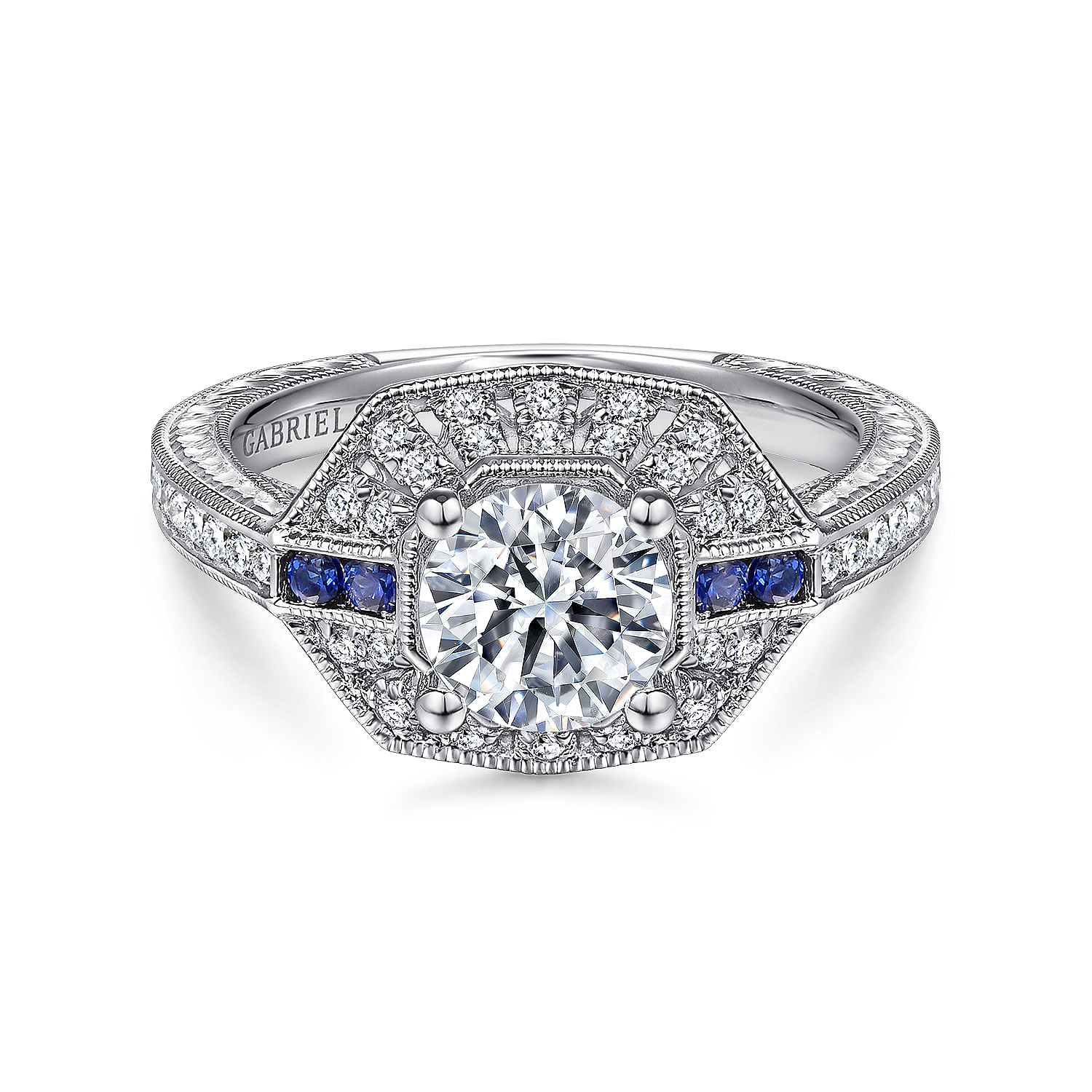 14K White Gold Round Sapphire and Diamond Channel Set Engagement Ring