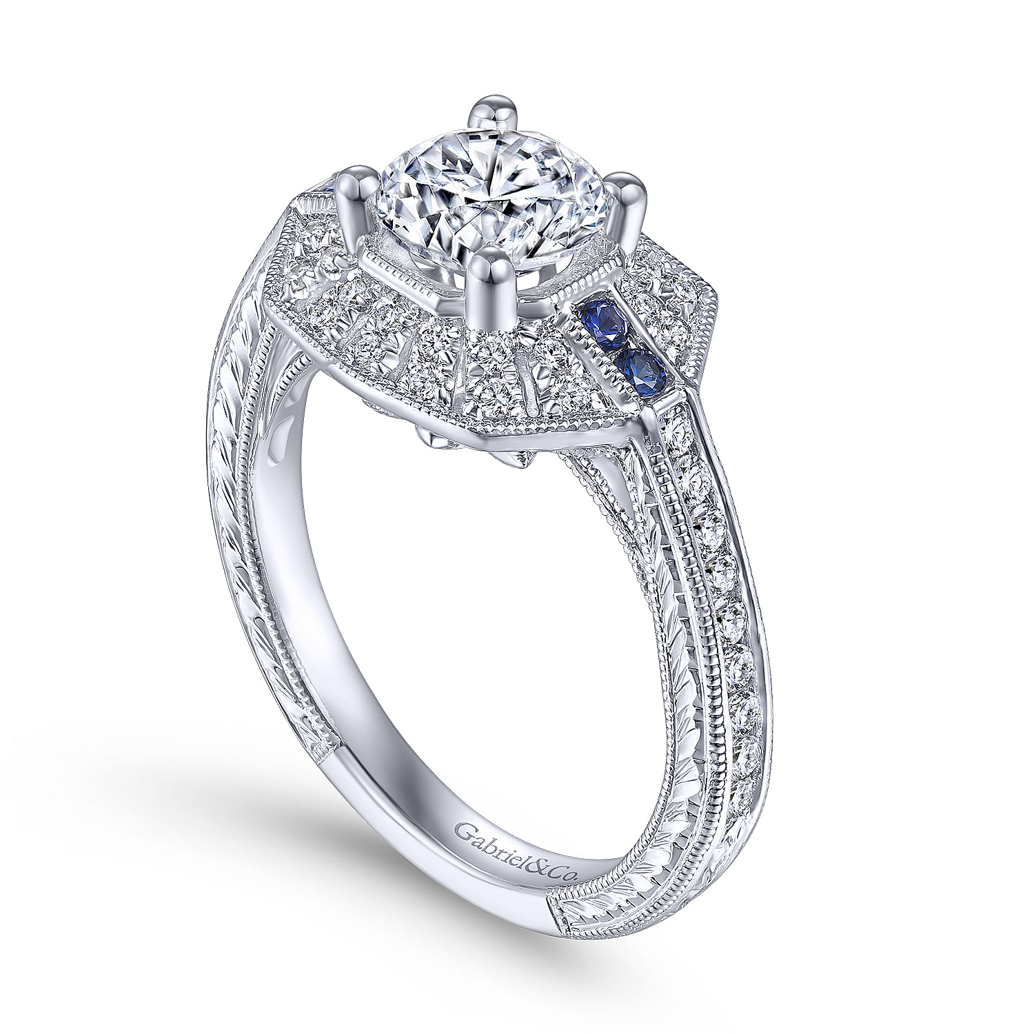 14K White Gold Round Sapphire and Diamond Channel Set Engagement Ring