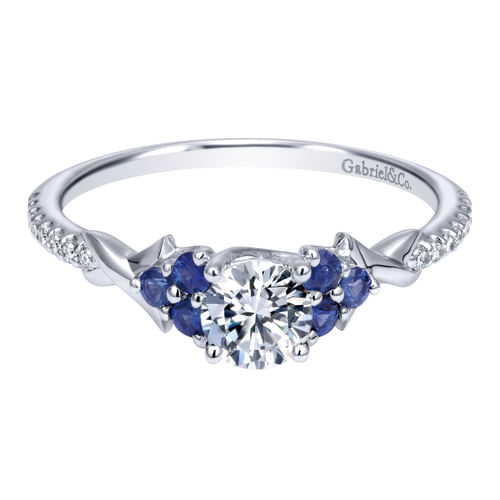 14K White Gold Round Sapphire and Diamond Complete Engagement Ring